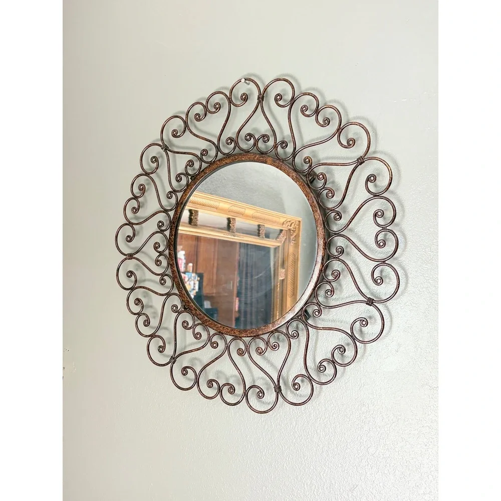 Round Wrought Iron Scrollwork Wall Mirror Bronze Heart Motif 23.5